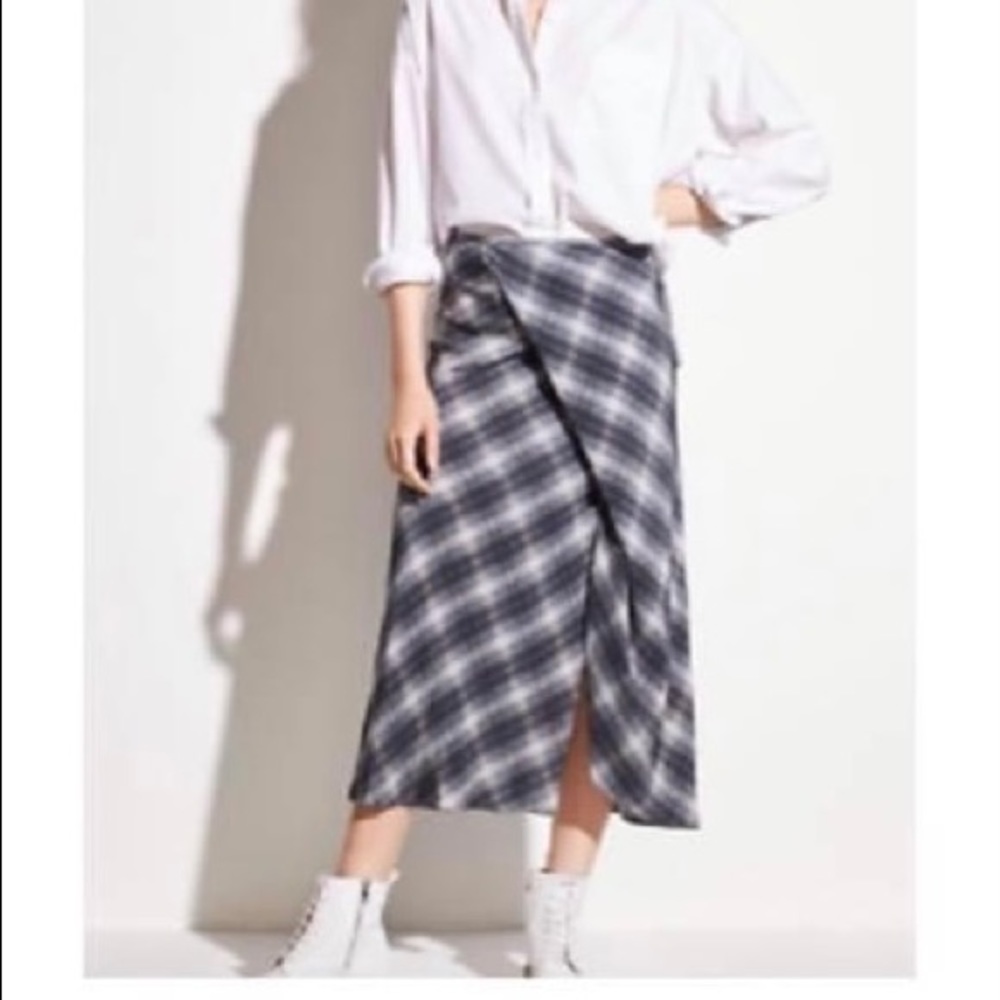 Vince Shadow Silk Plaid Side Drape Midi Skirt